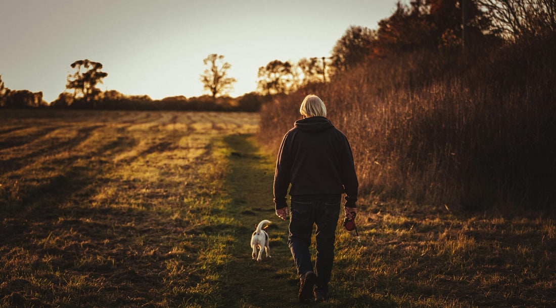 A man walking his dog without a harness because the dog hates wearing the harness