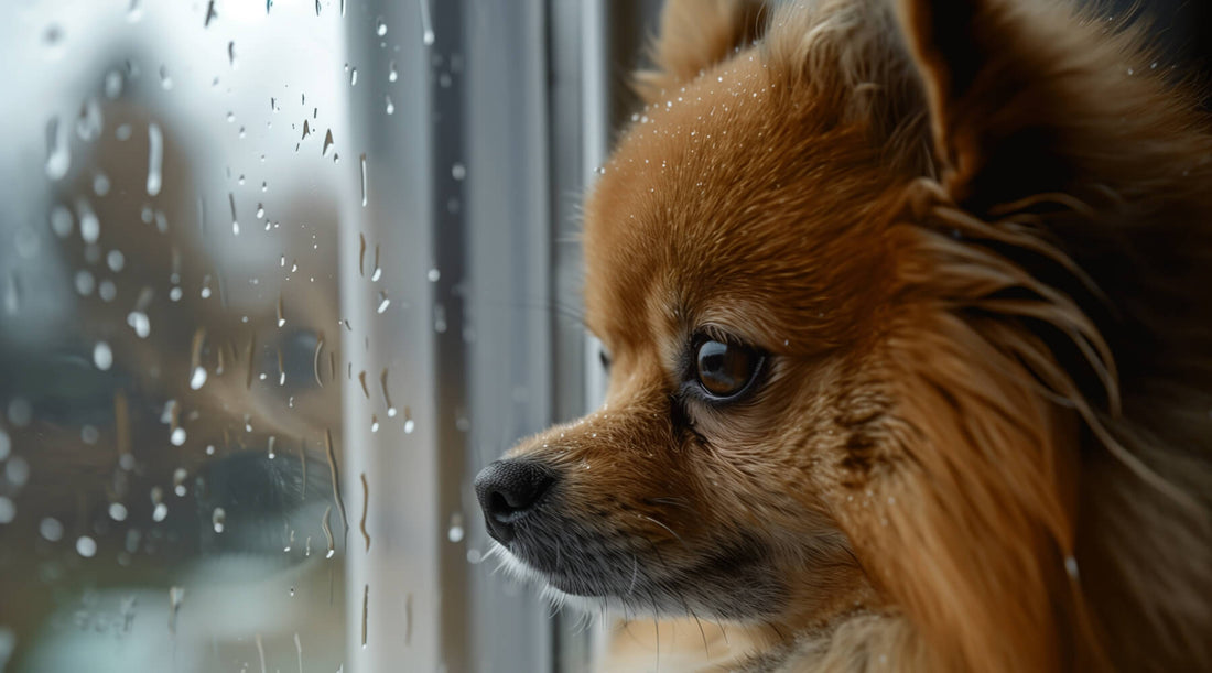 A small, fluffy dog with a worried expression looking out a window on a rainy day, potential separation anxiety in dogs