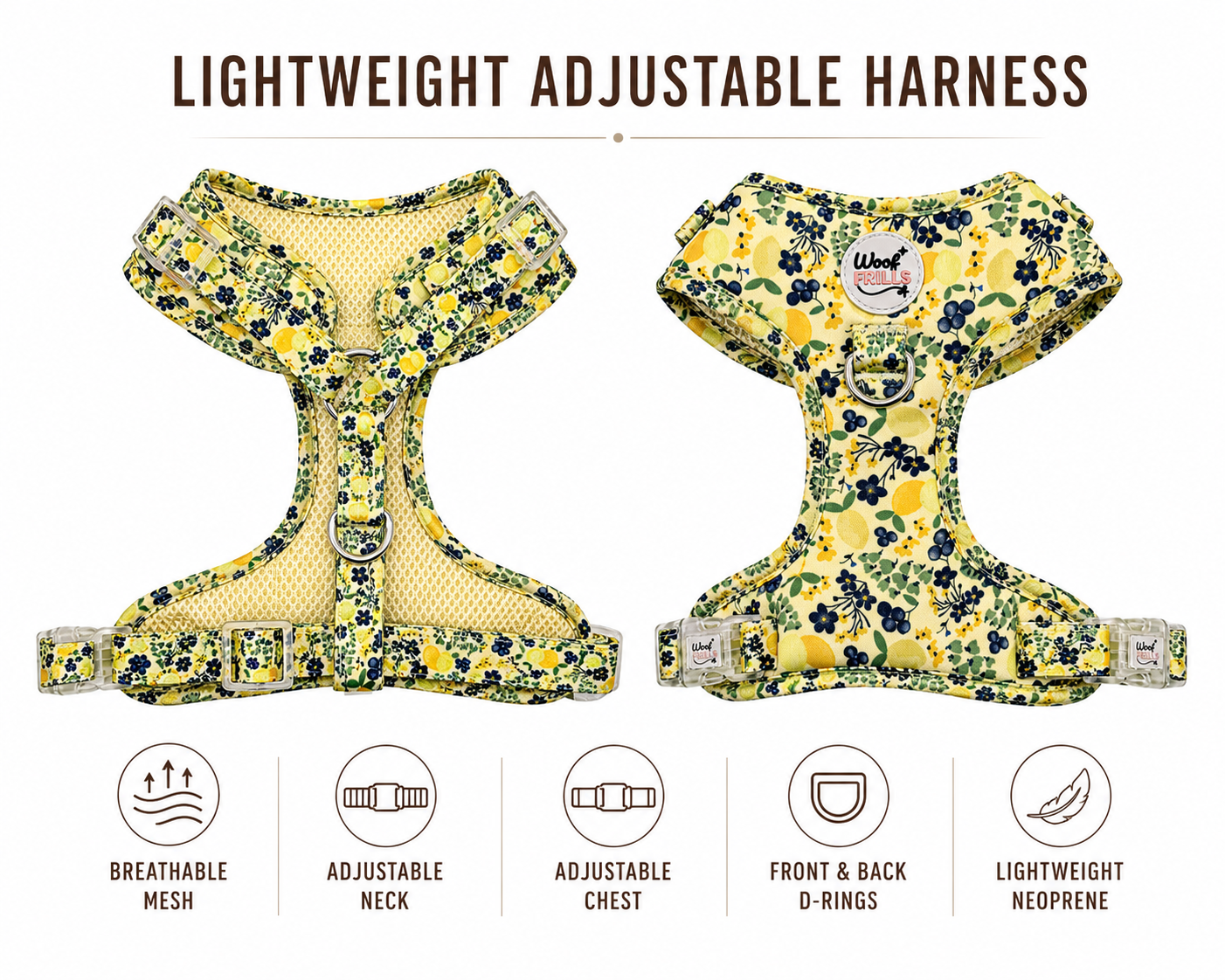 Floral-patterned dog harness with adjustable features on a white background
