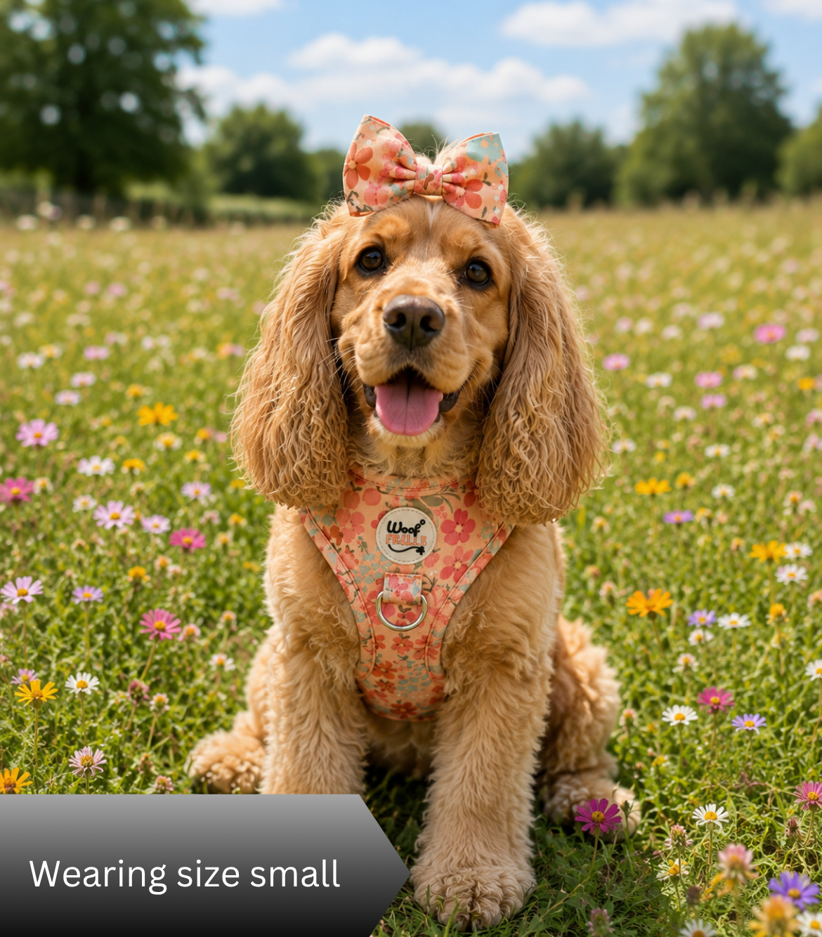 Dog wearing a floral harness and bow tie in a field of flowers