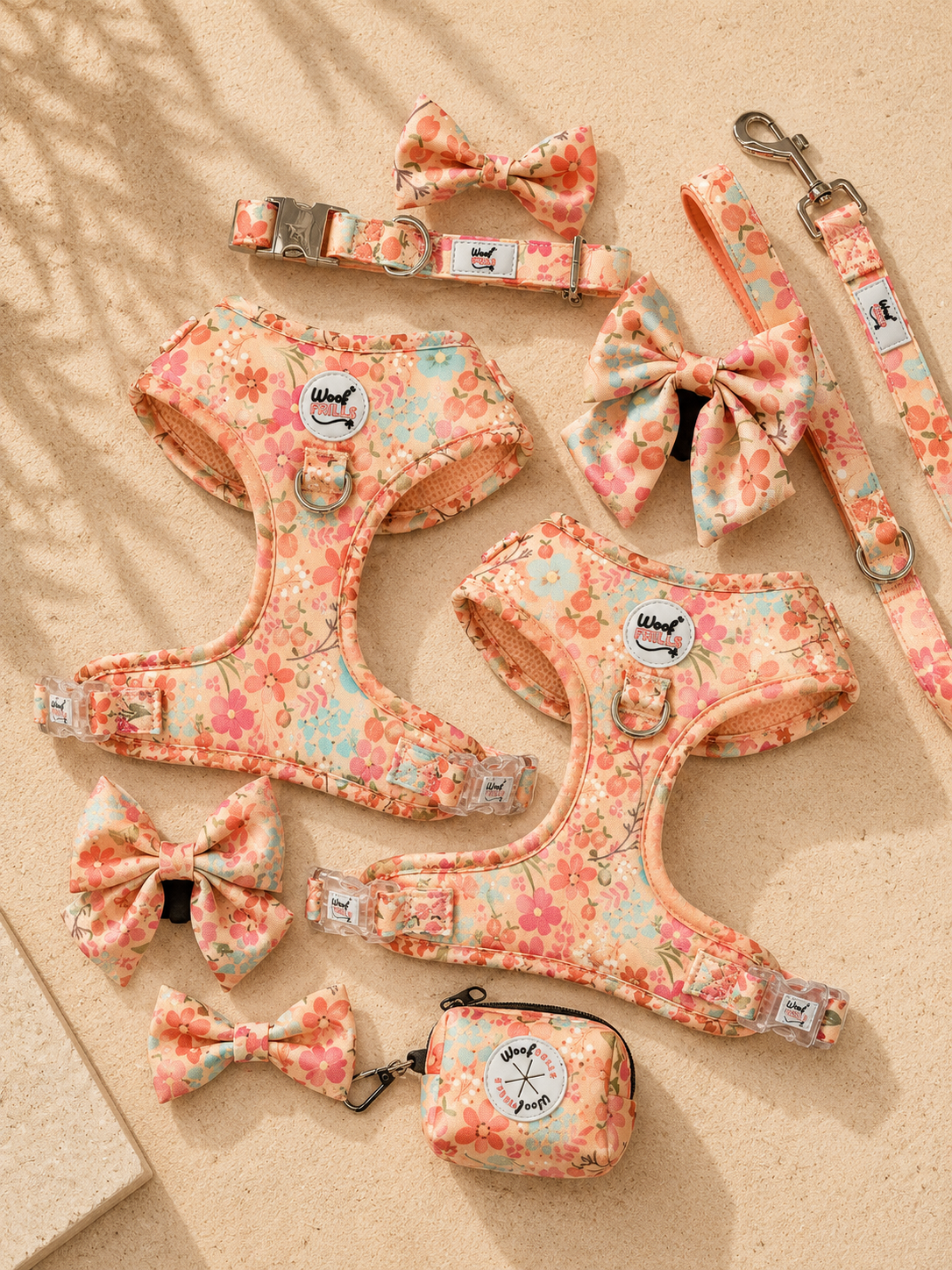 Floral dog harness set with matching lead collar and bow tie