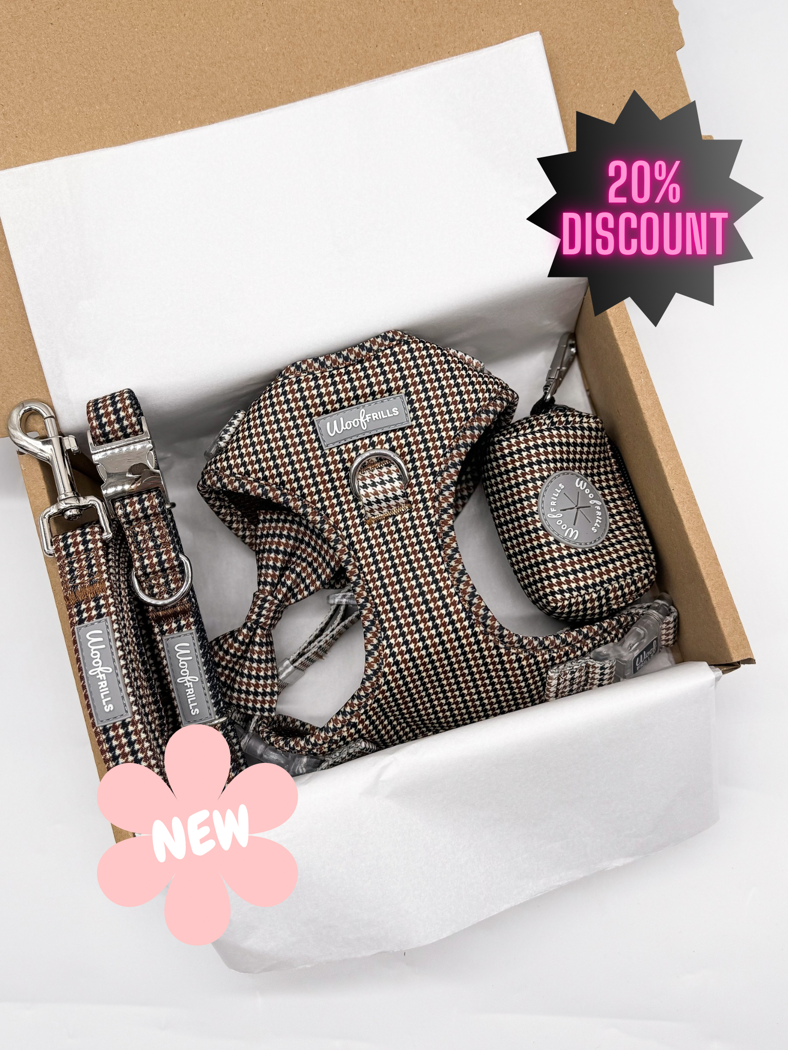 Houndstooth dog harness set Heritage Hound with matching collar and lead