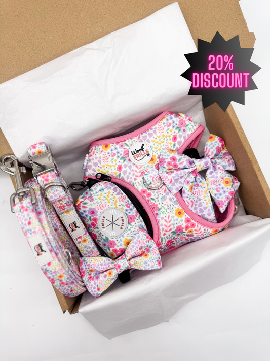 Floral Dog Harness Set – Blossom Dreams | Matching Collar, Lead & Bow | BUNDLE OF YOUR CHOICE