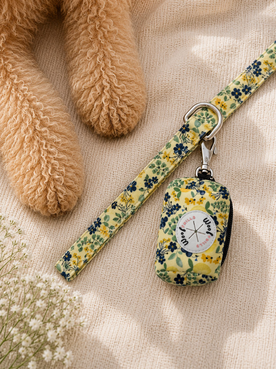 Floral-patterned dog leash and poop bag holder on a textured surface with a dog's paw in the background.