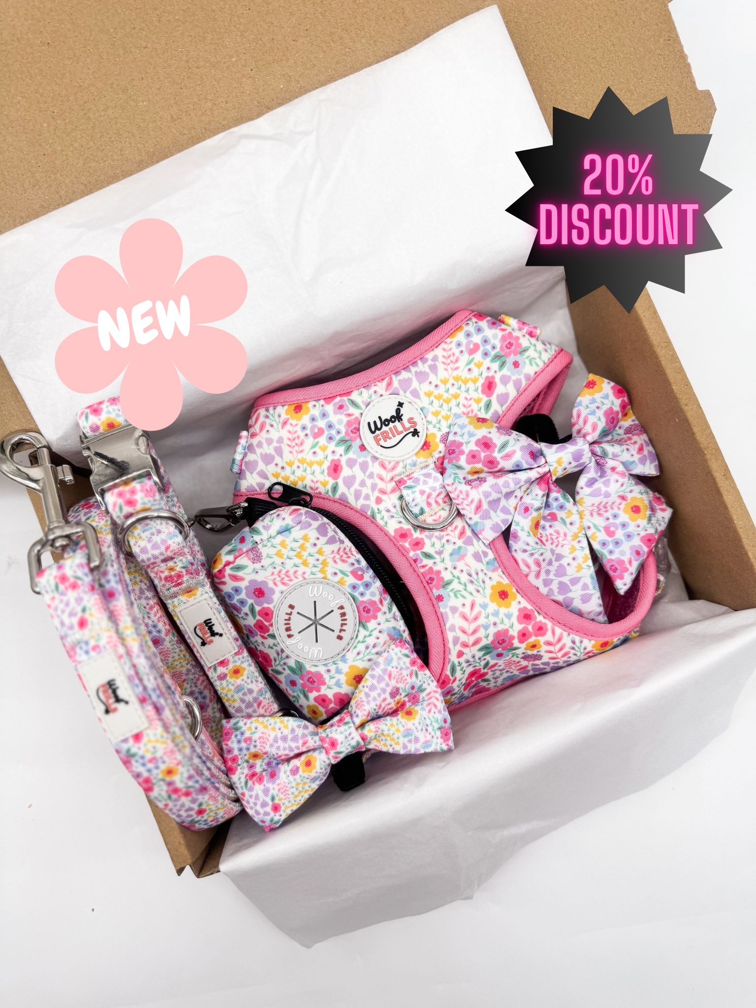 Floral dog harness set Blossom Dreams with matching collar and lead 
