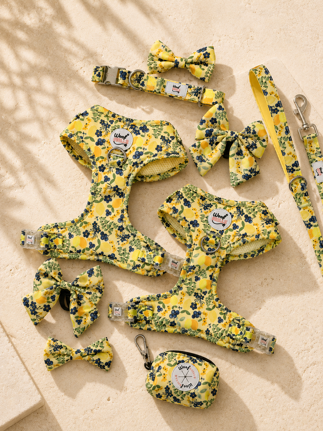 Yellow dog harness set with matching lead , collar and bow tie