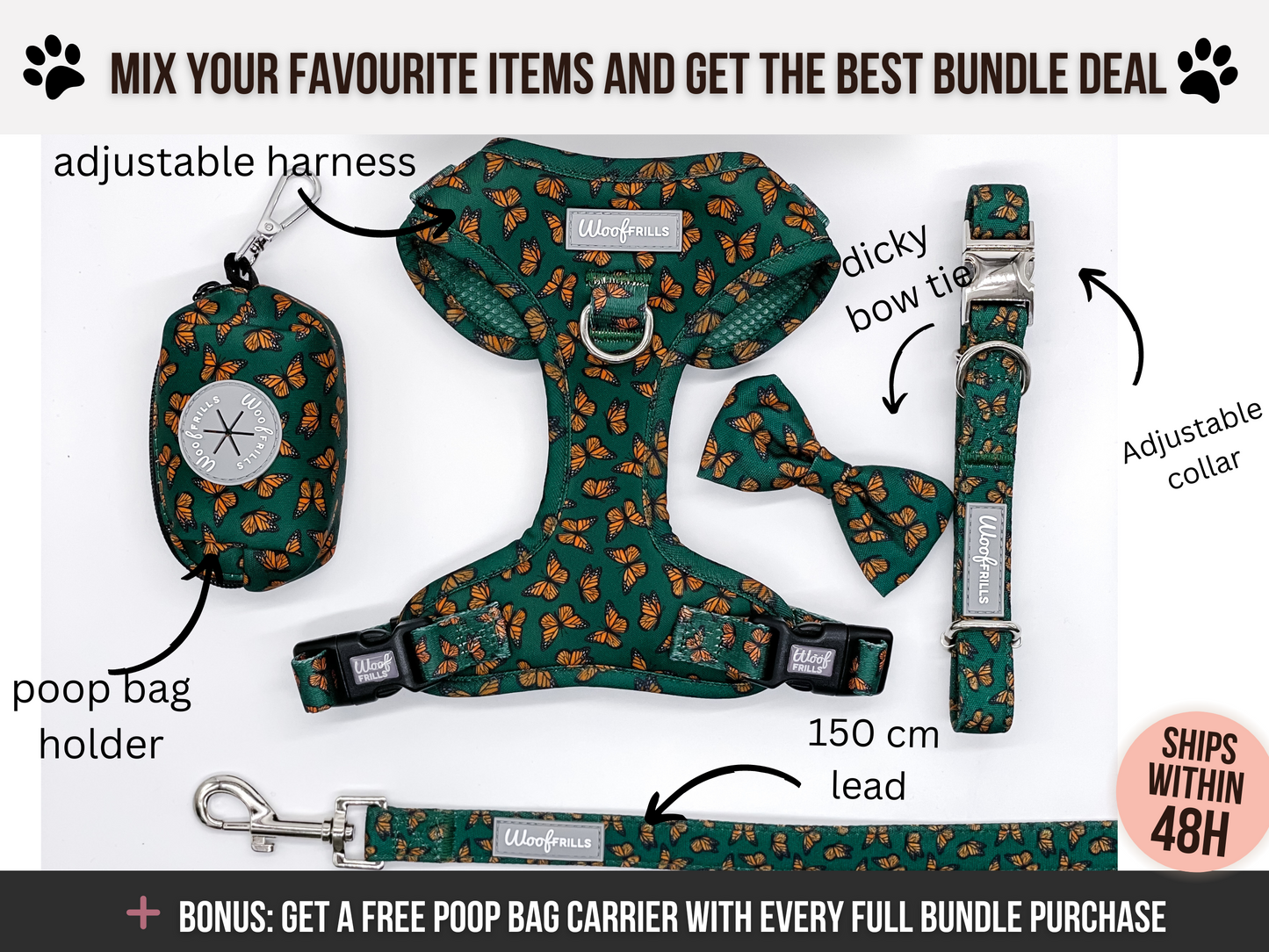 Dog harness, Dog collar and lead set | BUNDLE OF YOUR CHOICE | Pupperfly Frills