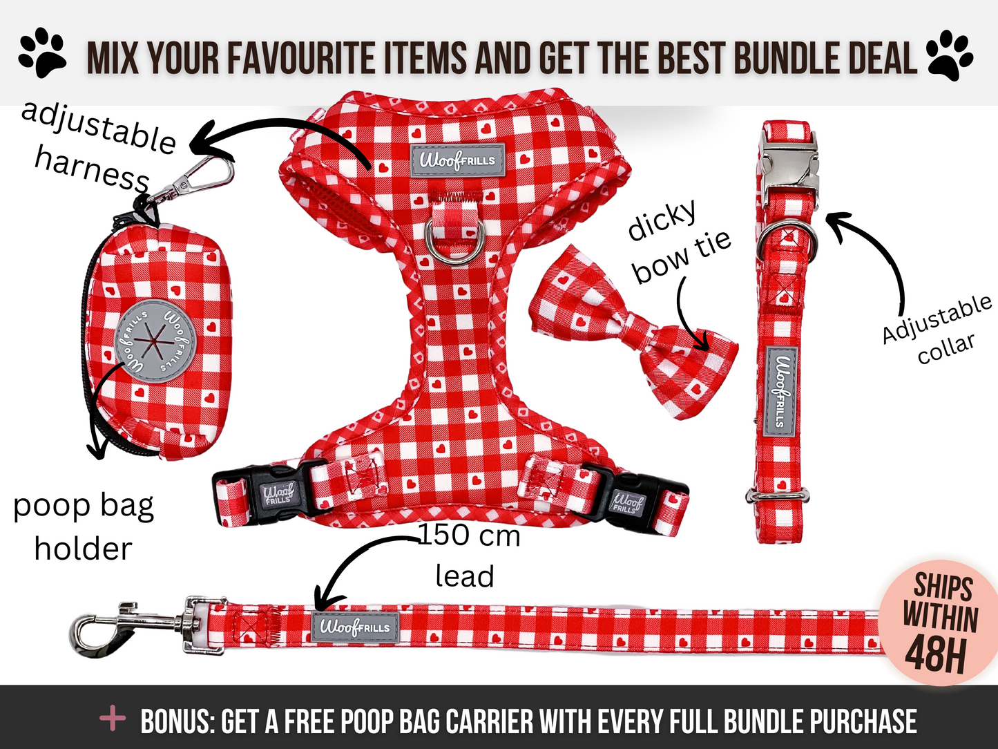 Dog harness, Dog collar and lead set | BUNDLE OF YOUR CHOICE | Picnic to my heart