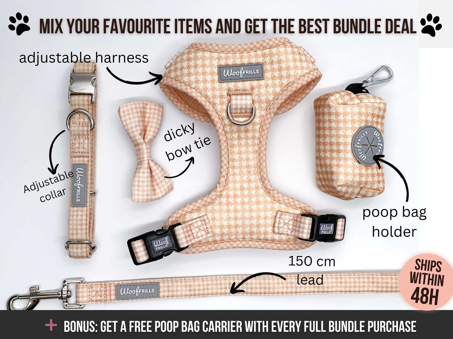 Dog harness, Dog collar and lead set | BUNDLE OF YOUR CHOICE | Peach Please
