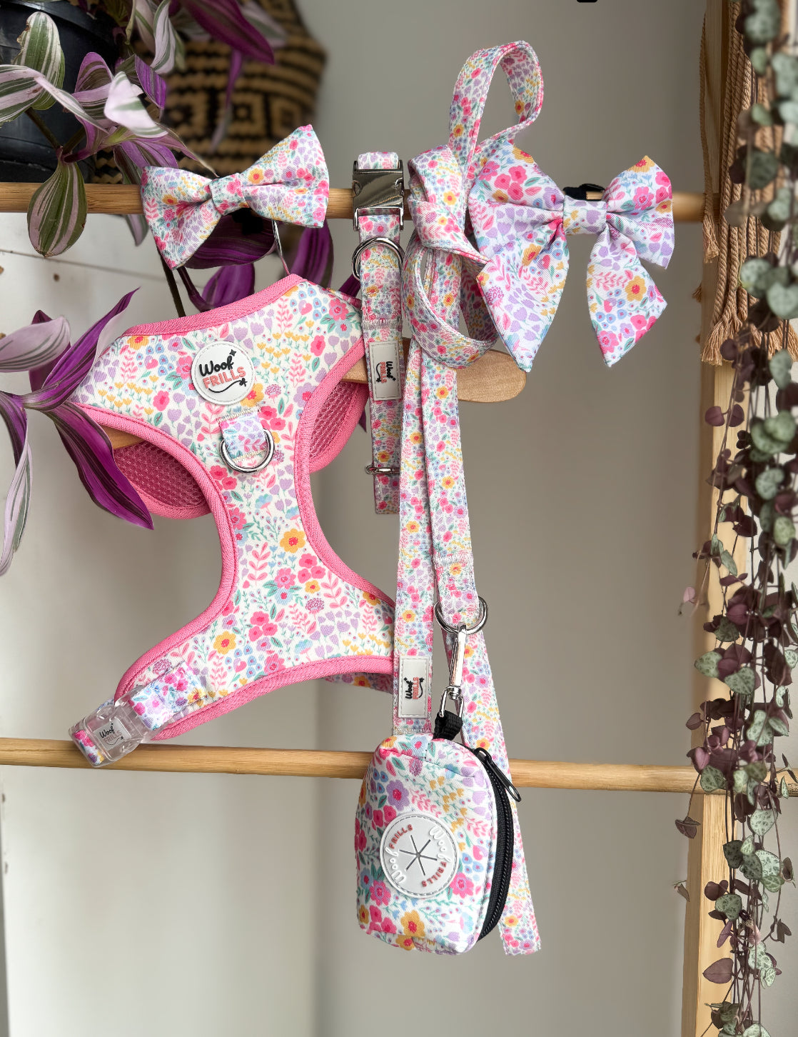 Blossom Dreams floral poop bag holder matching dog harness and lead