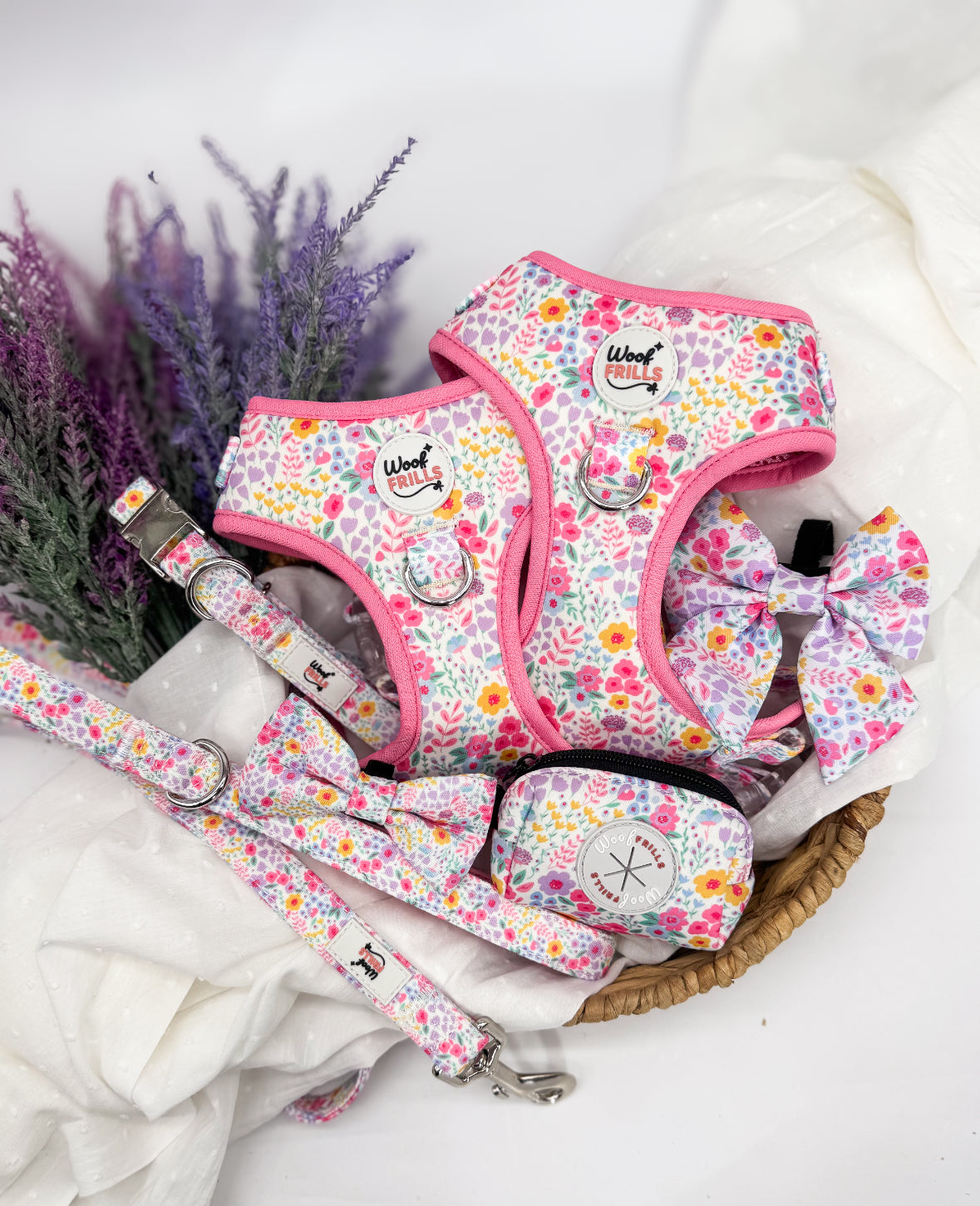 Blossom Dreams floral dog collar with matching harness and lead set
