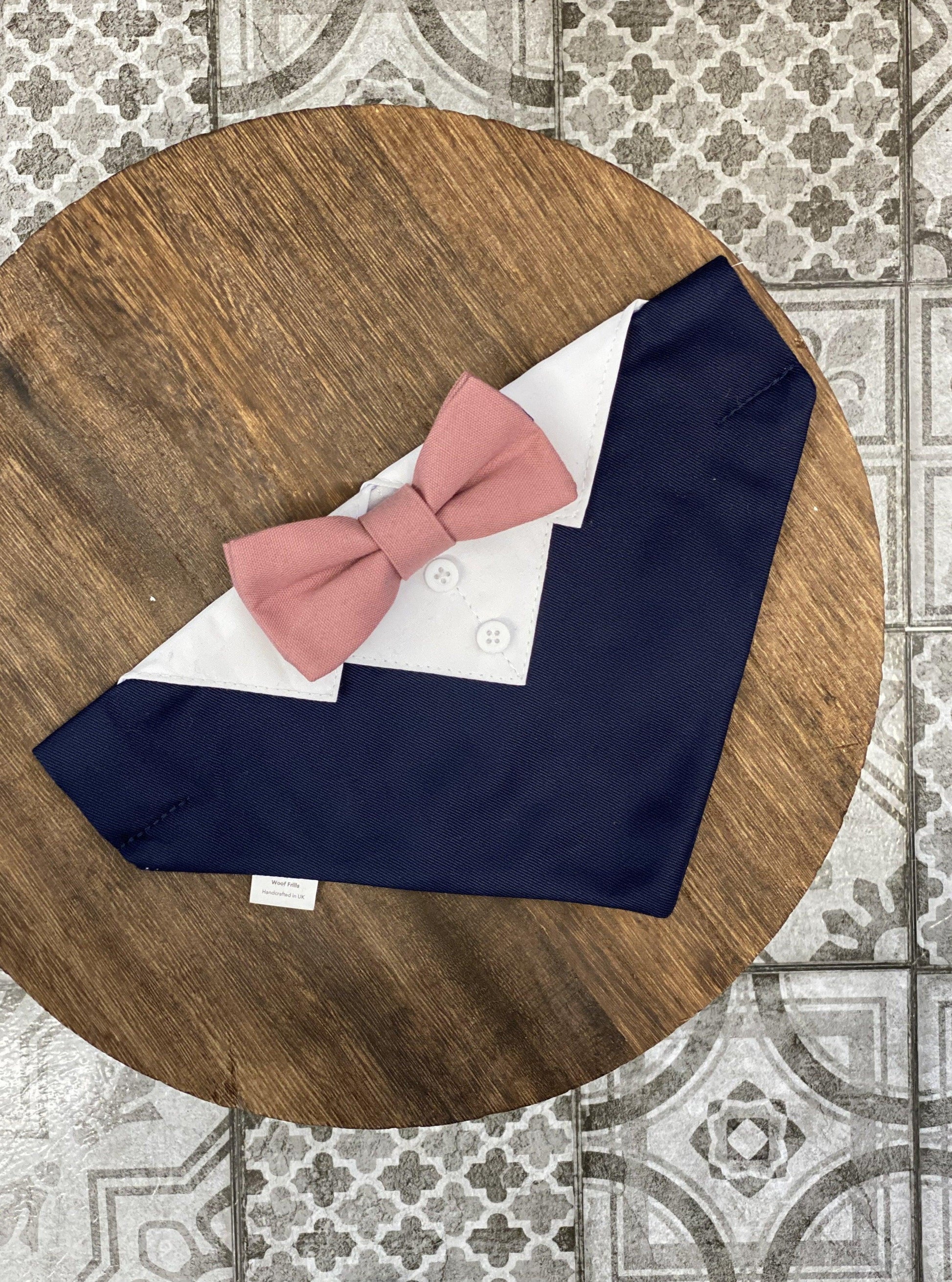 Navy blue dog  wedding tuxedo with dusty pink bow tie