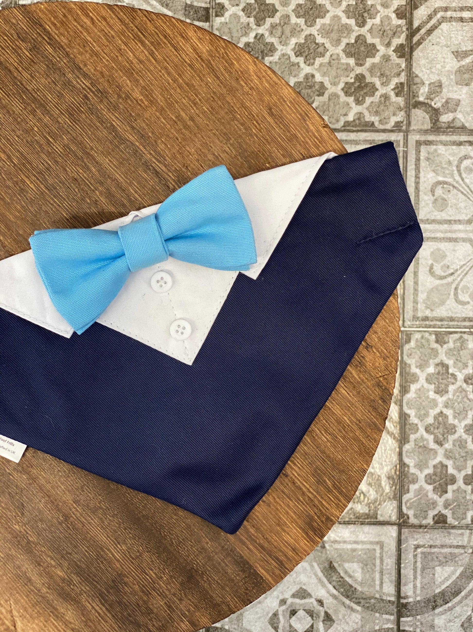 Navy blue wedding outfit for dogs with blue bow tie