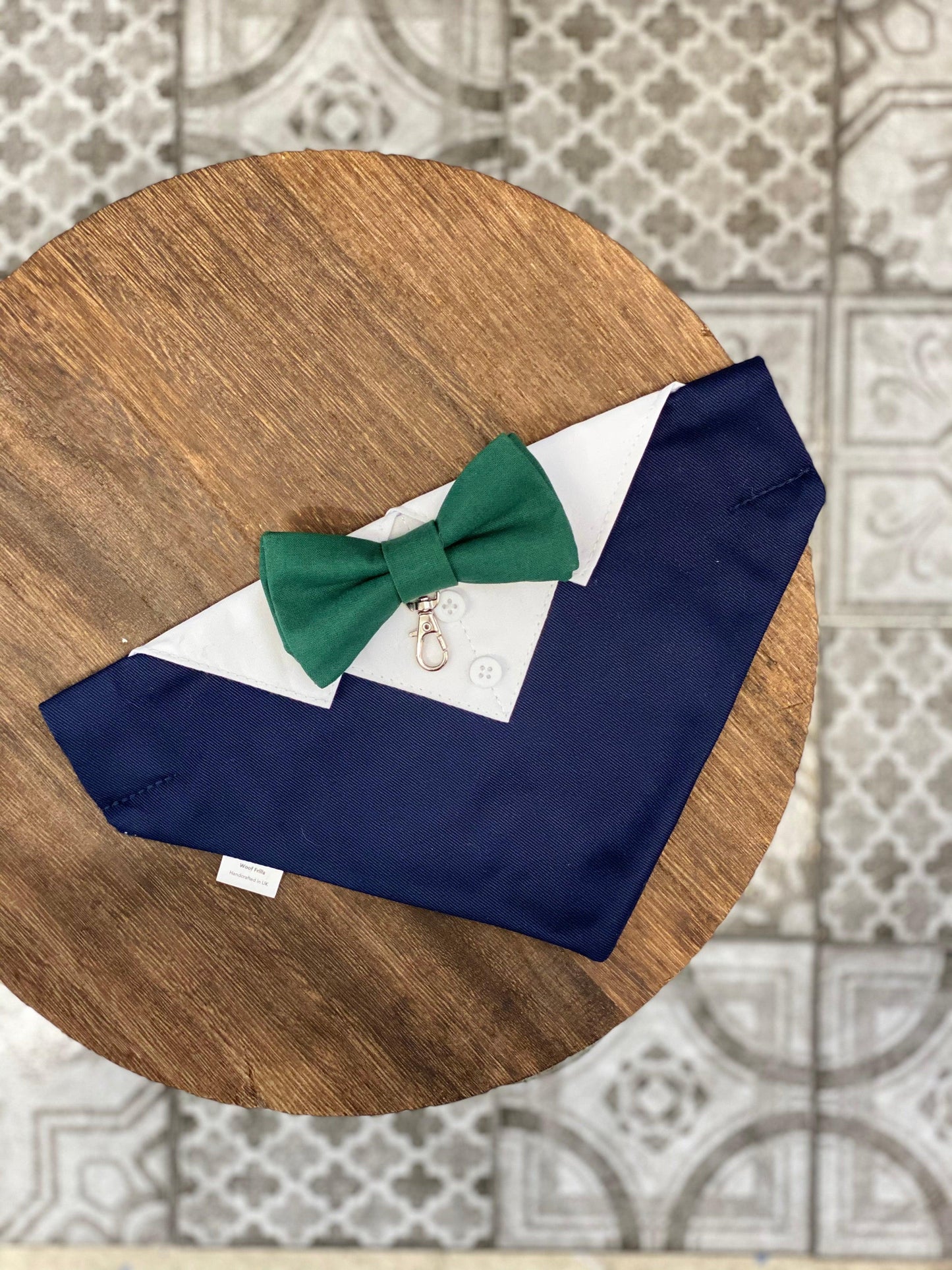 navy blue suit for dogs with greeen bow tie