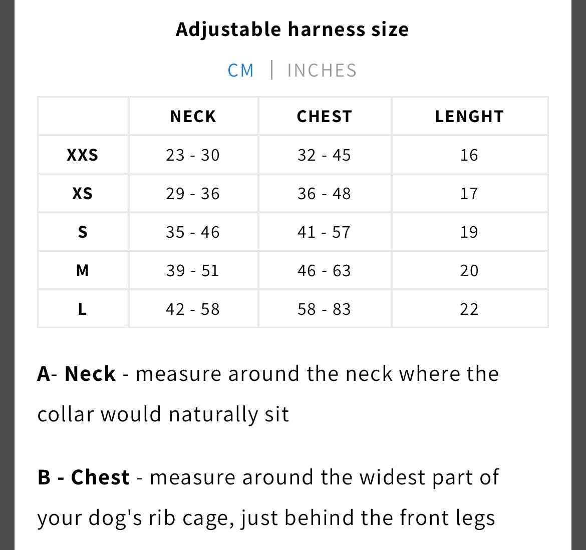 Dog harness size chart uk